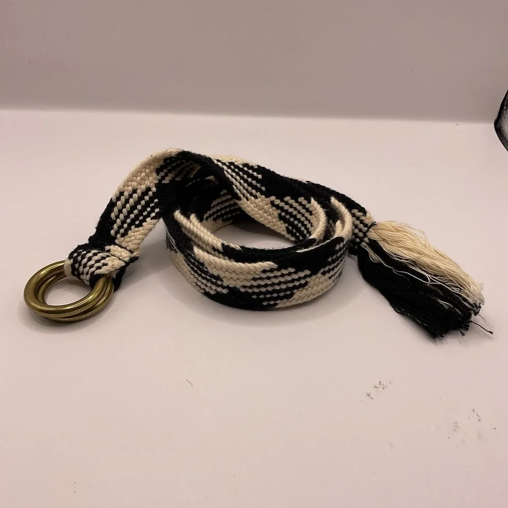 Madewell Cream and Black Design Circle Buckle Braided Belt Checkerboard Pattern